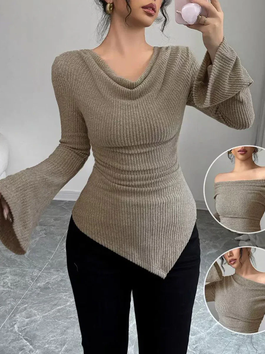Flared Sleeves Irregularity Pleated Ribbed Knit Solid Color Heaps Collar T-Shirts Tops - Image 12