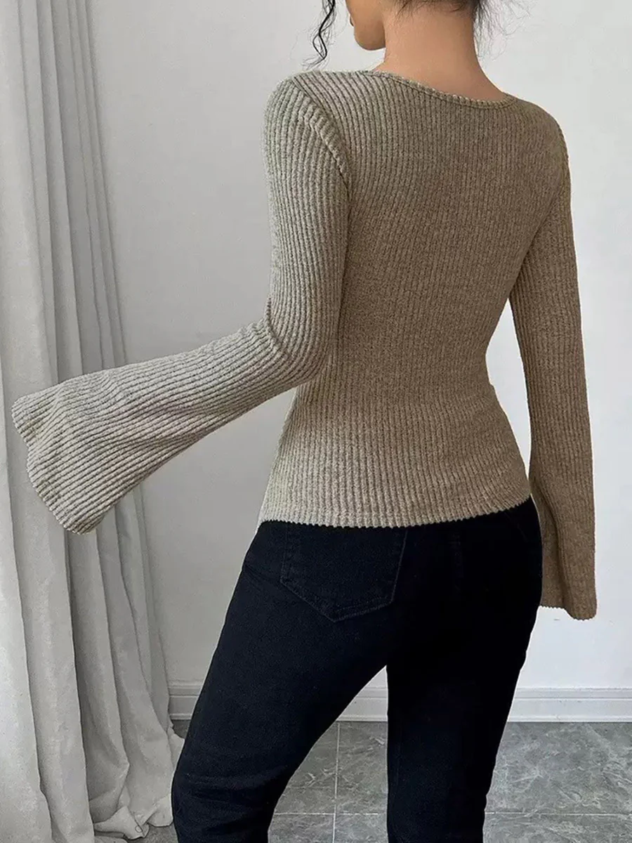 Flared Sleeves Irregularity Pleated Ribbed Knit Solid Color Heaps Collar T-Shirts Tops - Image 13