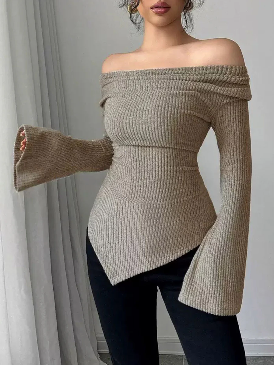 Flared Sleeves Irregularity Pleated Ribbed Knit Solid Color Heaps Collar T-Shirts Tops - Image 2