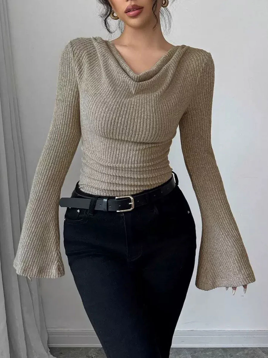 Flared Sleeves Irregularity Pleated Ribbed Knit Solid Color Heaps Collar T-Shirts Tops - Image 3