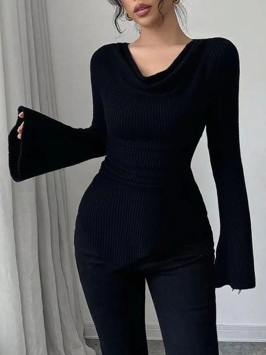 Flared Sleeves Irregularity Pleated Ribbed Knit Solid Color Heaps Collar T-Shirts Tops - Image 4