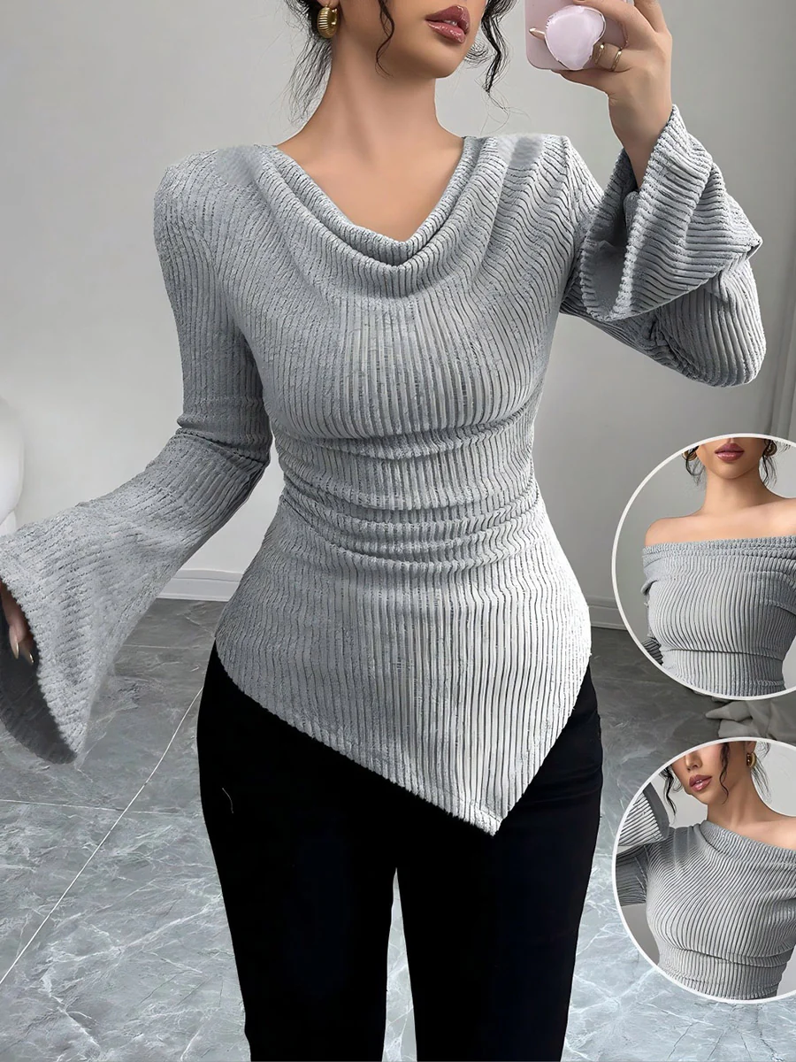 Flared Sleeves Irregularity Pleated Ribbed Knit Solid Color Heaps Collar T-Shirts Tops - Image 8