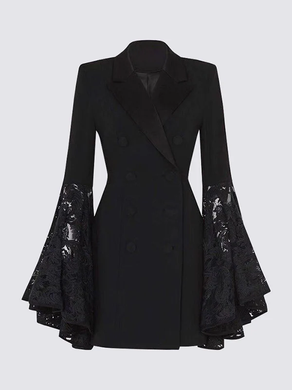 Flared Sleeves Long Sleeves Asymmetric Buttoned Solid Color Split-Joint Notched Collar Blazer Outerwear - Image 3
