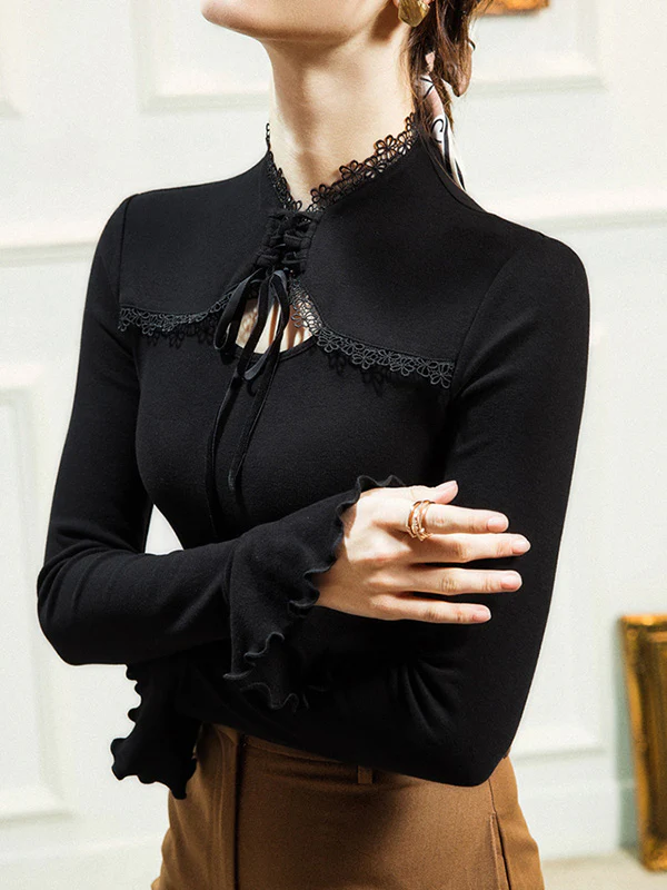 Flared Sleeves Long Sleeves Bow-Embellished Flower Shape Hollow Solid Color Split-Joint Tied Half Turtleneck Blouses&Shirts Tops - Image 7