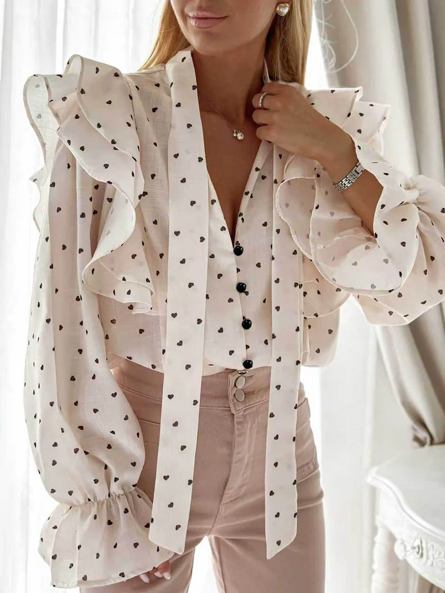 Flared Sleeves Long Sleeves Buttoned Contrast Color Elasticity Polka-Dot Ruffled Split-Joint Lapel Blouses&Shirts Tops - Image 2