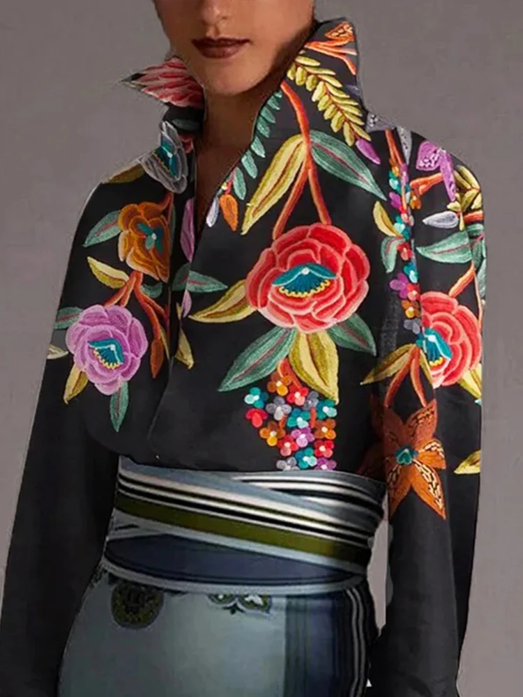 Flared Sleeves Long Sleeves Buttoned Contrast Color Flower Print Lapel Blouses&Shirts Tops - Image 2