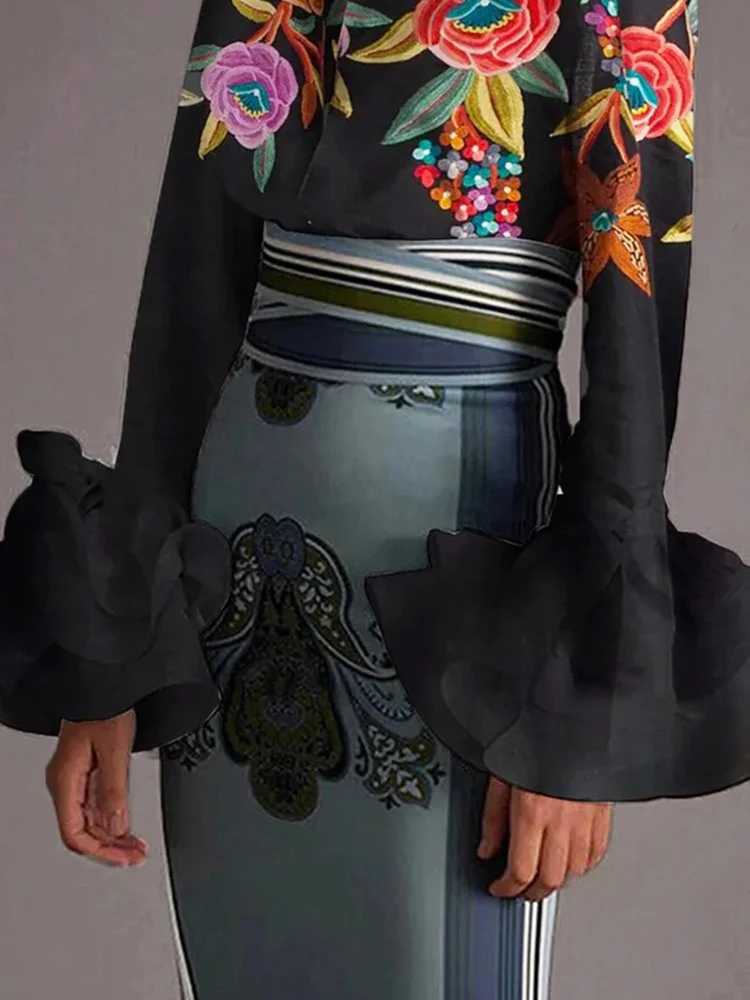Flared Sleeves Long Sleeves Buttoned Contrast Color Flower Print Lapel Blouses&Shirts Tops - Image 3