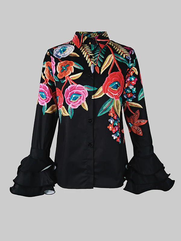 Flared Sleeves Long Sleeves Buttoned Contrast Color Flower Print Lapel Blouses&Shirts Tops - Image 4