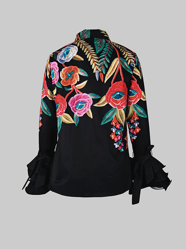 Flared Sleeves Long Sleeves Buttoned Contrast Color Flower Print Lapel Blouses&Shirts Tops - Image 5