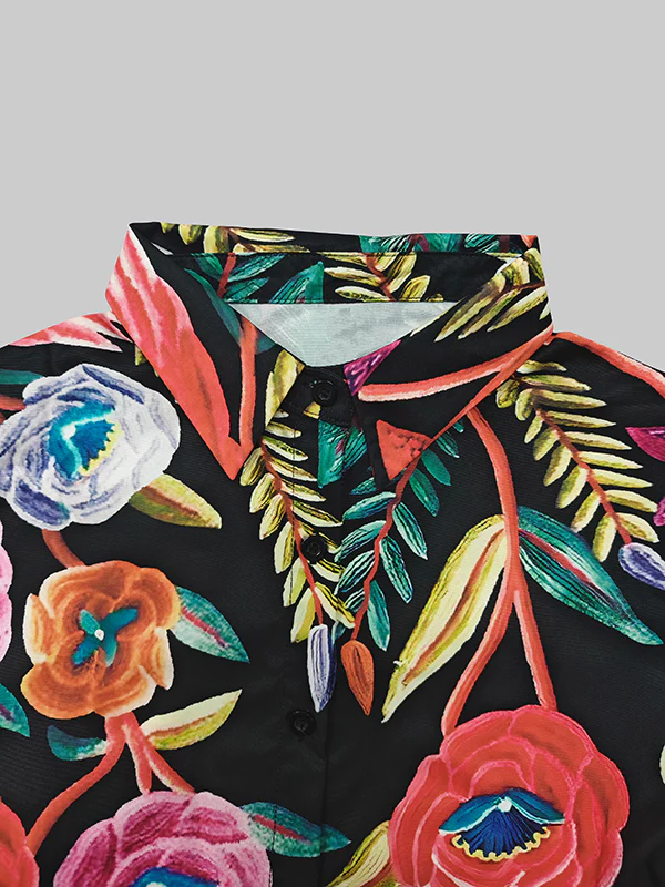 Flared Sleeves Long Sleeves Buttoned Contrast Color Flower Print Lapel Blouses&Shirts Tops - Image 6