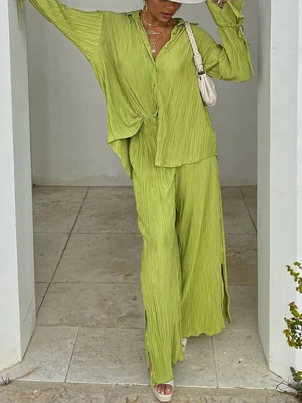 Flared Sleeves Long Sleeves Buttoned Drawstring Pleated Solid Color Split-Side Lapel Shirts Top + Pants Bottom Pajama Sets - Image 13