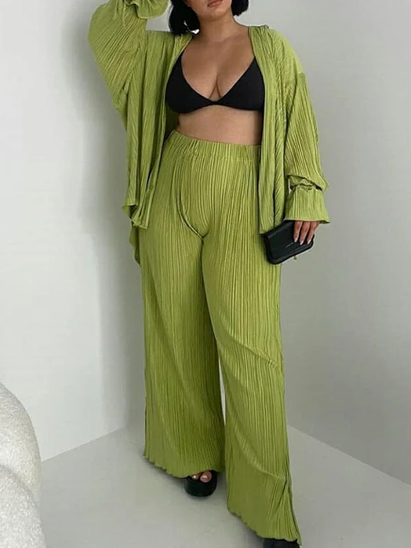 Flared Sleeves Long Sleeves Buttoned Drawstring Pleated Solid Color Split-Side Lapel Shirts Top + Pants Bottom Pajama Sets - Image 14