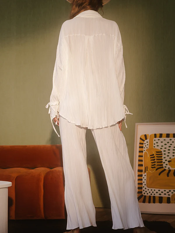 Flared Sleeves Long Sleeves Buttoned Drawstring Pleated Solid Color Split-Side Lapel Shirts Top + Pants Bottom Pajama Sets - Image 18