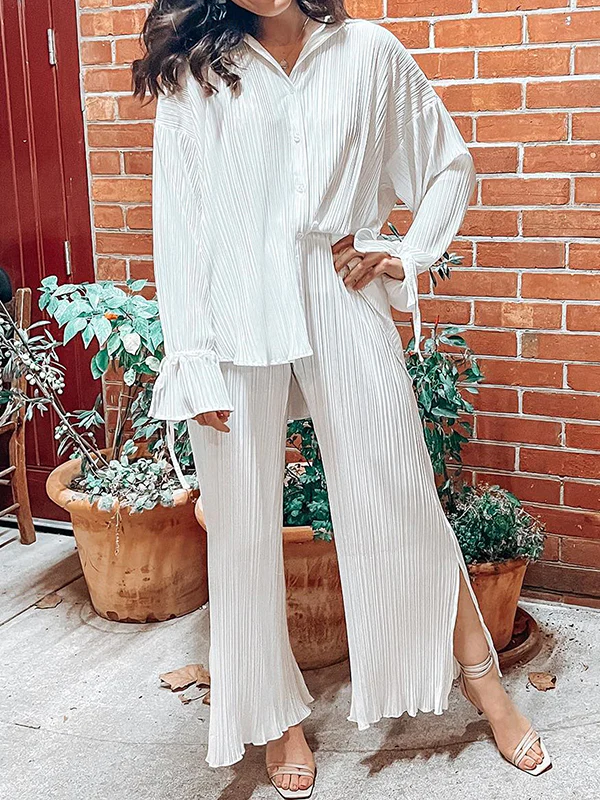 Flared Sleeves Long Sleeves Buttoned Drawstring Pleated Solid Color Split-Side Lapel Shirts Top + Pants Bottom Pajama Sets - Image 2