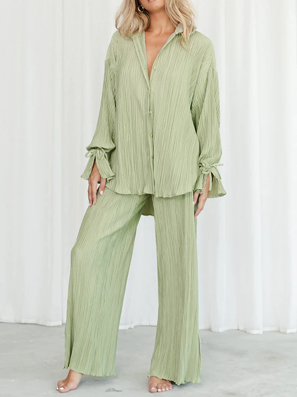 Flared Sleeves Long Sleeves Buttoned Drawstring Pleated Solid Color Split-Side Lapel Shirts Top + Pants Bottom Pajama Sets - Image 20