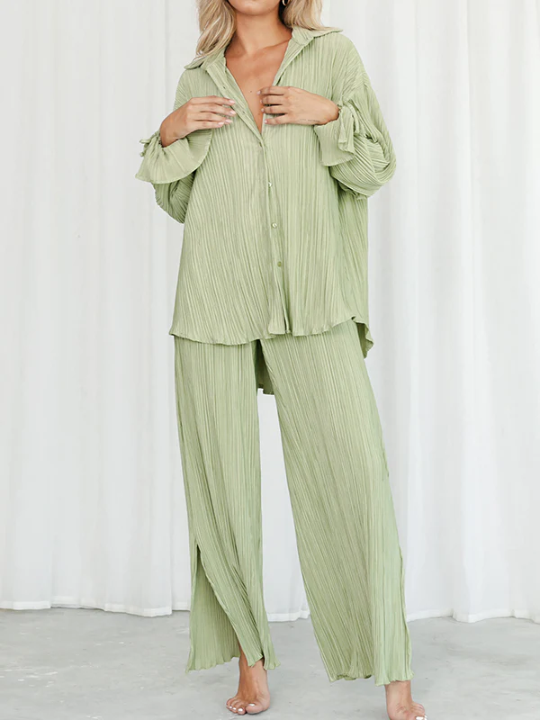 Flared Sleeves Long Sleeves Buttoned Drawstring Pleated Solid Color Split-Side Lapel Shirts Top + Pants Bottom Pajama Sets - Image 21