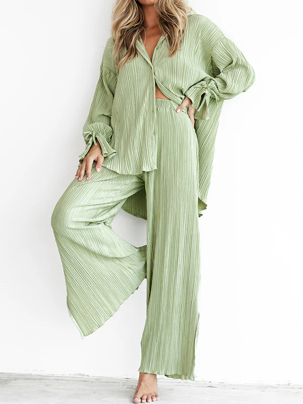Flared Sleeves Long Sleeves Buttoned Drawstring Pleated Solid Color Split-Side Lapel Shirts Top + Pants Bottom Pajama Sets - Image 22