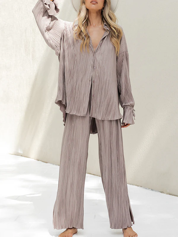Flared Sleeves Long Sleeves Buttoned Drawstring Pleated Solid Color Split-Side Lapel Shirts Top + Pants Bottom Pajama Sets - Image 23