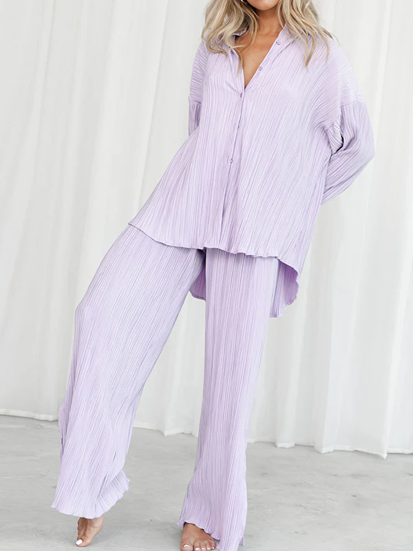 Flared Sleeves Long Sleeves Buttoned Drawstring Pleated Solid Color Split-Side Lapel Shirts Top + Pants Bottom Pajama Sets - Image 25