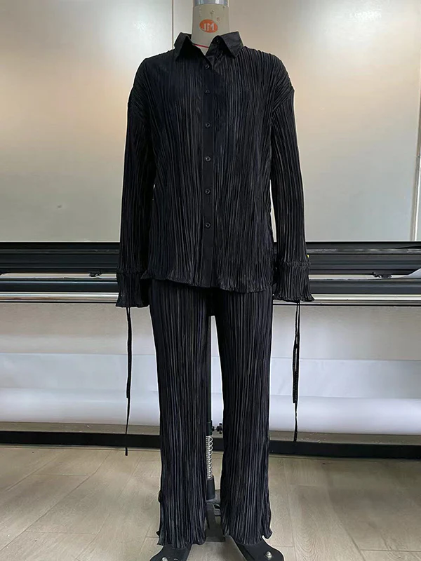 Flared Sleeves Long Sleeves Buttoned Drawstring Pleated Solid Color Split-Side Lapel Shirts Top + Pants Bottom Pajama Sets - Image 29