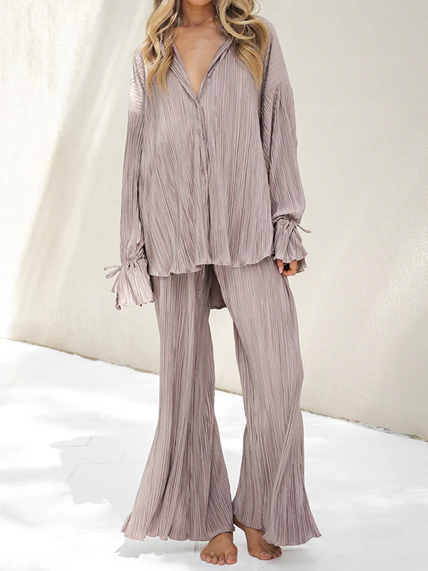 Flared Sleeves Long Sleeves Buttoned Drawstring Pleated Solid Color Split-Side Lapel Shirts Top + Pants Bottom Pajama Sets - Image 3