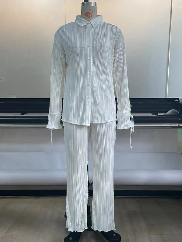 Flared Sleeves Long Sleeves Buttoned Drawstring Pleated Solid Color Split-Side Lapel Shirts Top + Pants Bottom Pajama Sets - Image 30