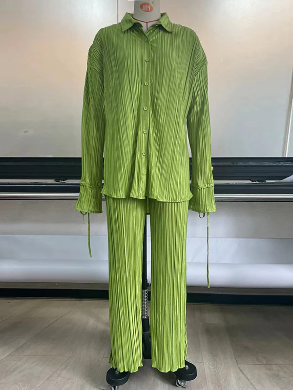 Flared Sleeves Long Sleeves Buttoned Drawstring Pleated Solid Color Split-Side Lapel Shirts Top + Pants Bottom Pajama Sets - Image 31