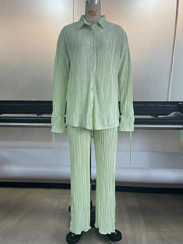 Flared Sleeves Long Sleeves Buttoned Drawstring Pleated Solid Color Split-Side Lapel Shirts Top + Pants Bottom Pajama Sets - Image 32
