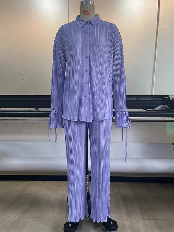 Flared Sleeves Long Sleeves Buttoned Drawstring Pleated Solid Color Split-Side Lapel Shirts Top + Pants Bottom Pajama Sets - Image 33