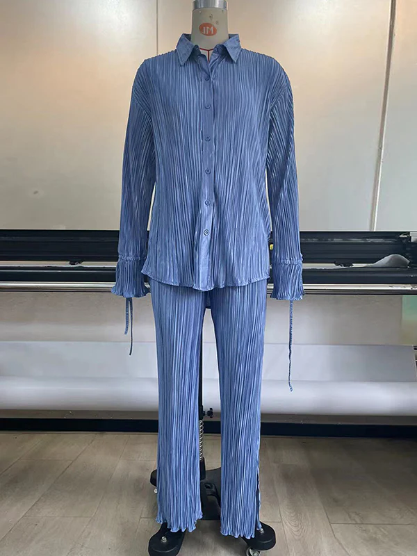 Flared Sleeves Long Sleeves Buttoned Drawstring Pleated Solid Color Split-Side Lapel Shirts Top + Pants Bottom Pajama Sets - Image 34