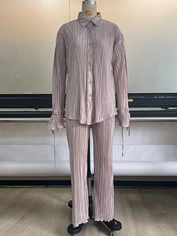 Flared Sleeves Long Sleeves Buttoned Drawstring Pleated Solid Color Split-Side Lapel Shirts Top + Pants Bottom Pajama Sets - Image 35