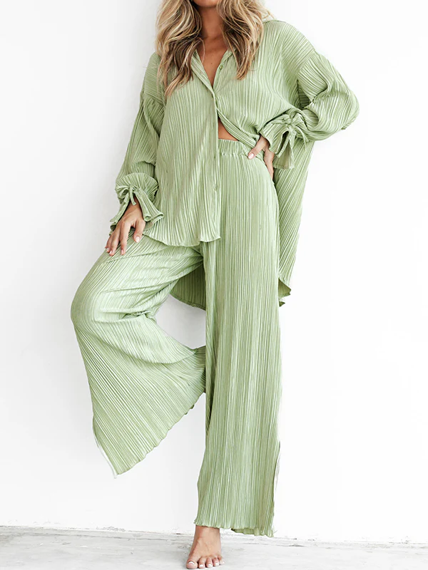 Flared Sleeves Long Sleeves Buttoned Drawstring Pleated Solid Color Split-Side Lapel Shirts Top + Pants Bottom Pajama Sets - Image 4