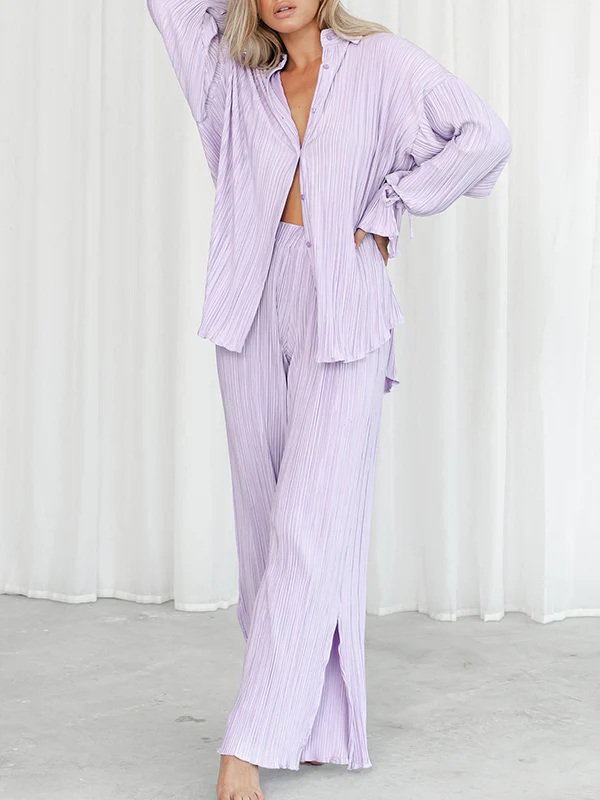 Flared Sleeves Long Sleeves Buttoned Drawstring Pleated Solid Color Split-Side Lapel Shirts Top + Pants Bottom Pajama Sets - Image 5