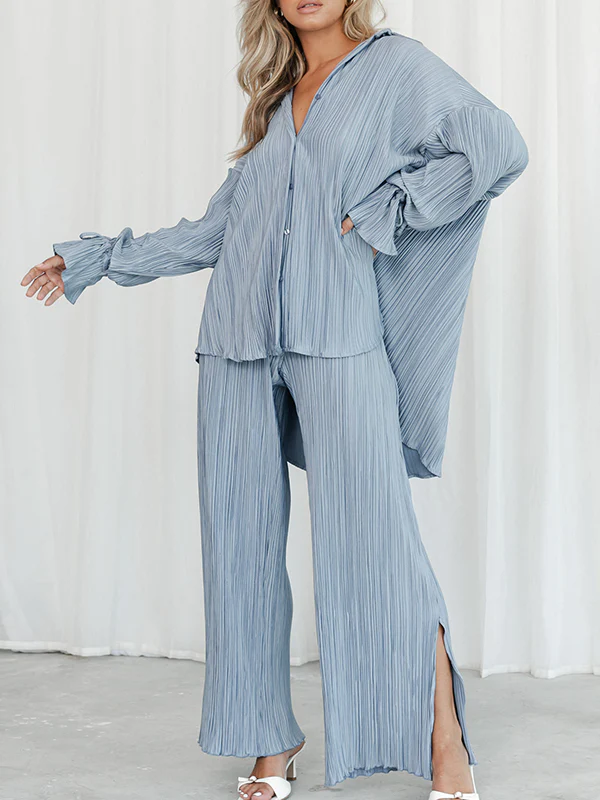 Flared Sleeves Long Sleeves Buttoned Drawstring Pleated Solid Color Split-Side Lapel Shirts Top + Pants Bottom Pajama Sets - Image 8