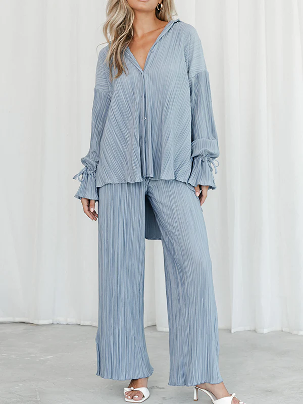 Flared Sleeves Long Sleeves Buttoned Drawstring Pleated Solid Color Split-Side Lapel Shirts Top + Pants Bottom Pajama Sets - Image 9