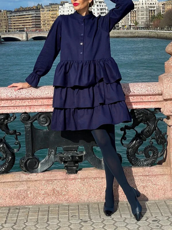 Flared Sleeves Long Sleeves Buttoned Elasticity Layered Solid Color V-Neck Mini Dresses - Image 2