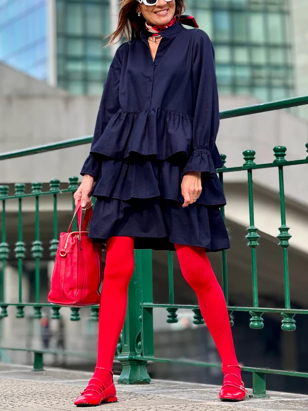 Flared Sleeves Long Sleeves Buttoned Elasticity Layered Solid Color V-Neck Mini Dresses - Image 3
