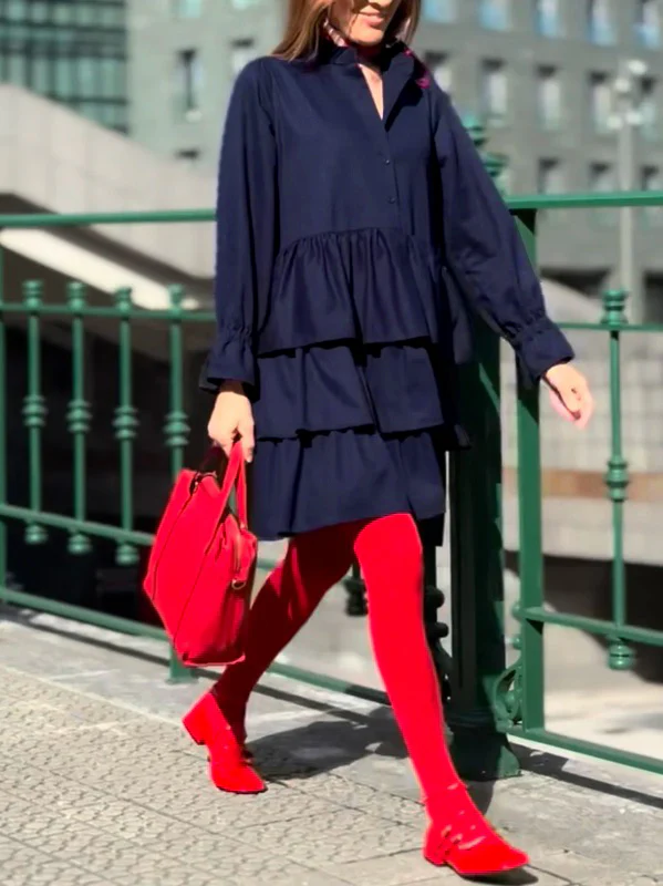 Flared Sleeves Long Sleeves Buttoned Elasticity Layered Solid Color V-Neck Mini Dresses - Image 4