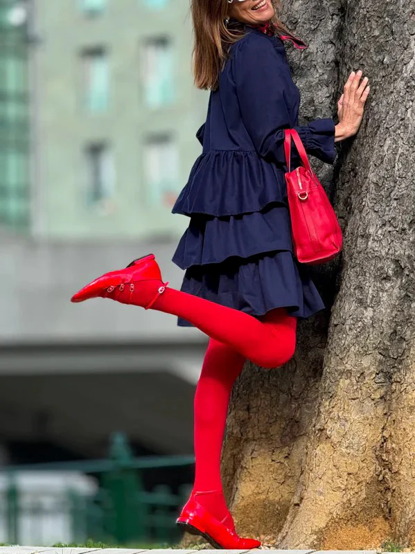 Flared Sleeves Long Sleeves Buttoned Elasticity Layered Solid Color V-Neck Mini Dresses - Image 5