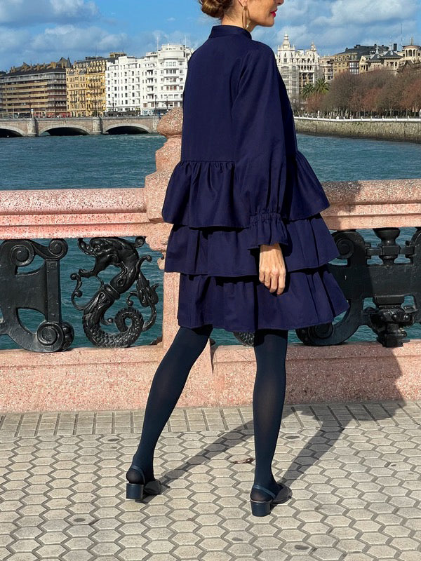 Flared Sleeves Long Sleeves Buttoned Elasticity Layered Solid Color V-Neck Mini Dresses - Image 6
