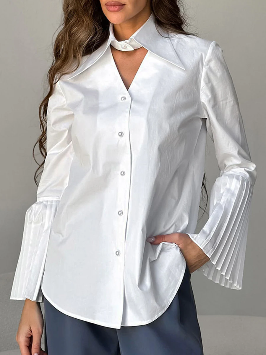 Flared Sleeves Long Sleeves Buttoned Hollow Pleated Solid Color Split-Joint Lapel Blouses&Shirts Tops
