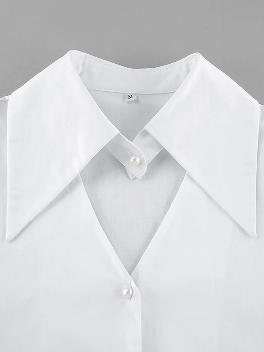 Flared Sleeves Long Sleeves Buttoned Hollow Pleated Solid Color Split-Joint Lapel Blouses&Shirts Tops - Image 10