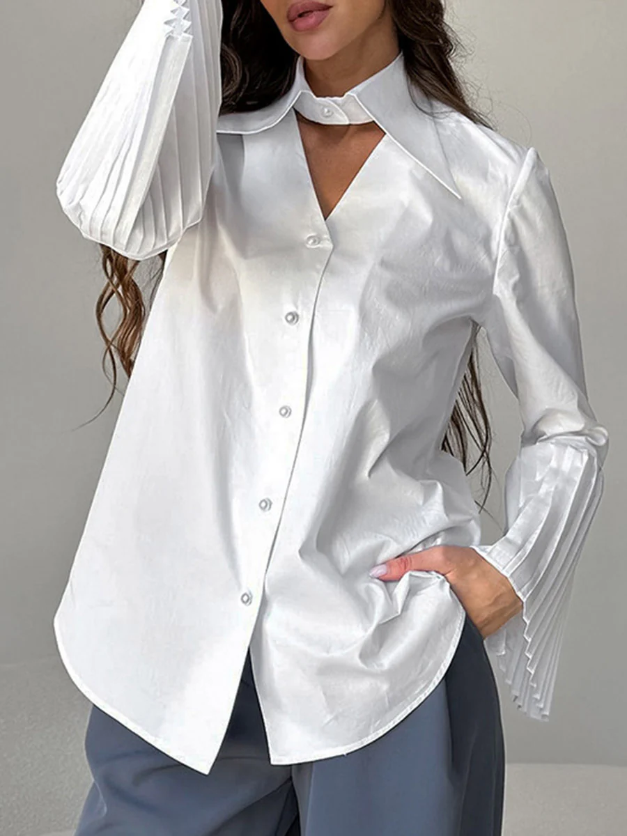 Flared Sleeves Long Sleeves Buttoned Hollow Pleated Solid Color Split-Joint Lapel Blouses&Shirts Tops - Image 2