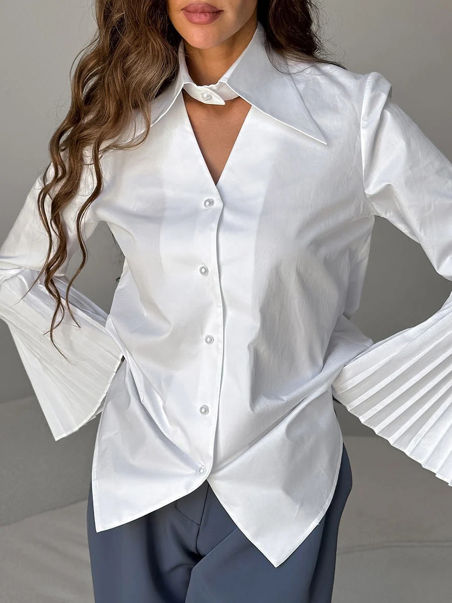 Flared Sleeves Long Sleeves Buttoned Hollow Pleated Solid Color Split-Joint Lapel Blouses&Shirts Tops - Image 3