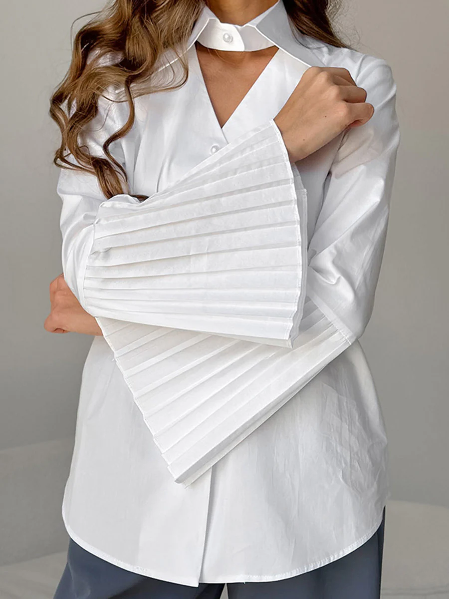 Flared Sleeves Long Sleeves Buttoned Hollow Pleated Solid Color Split-Joint Lapel Blouses&Shirts Tops - Image 4