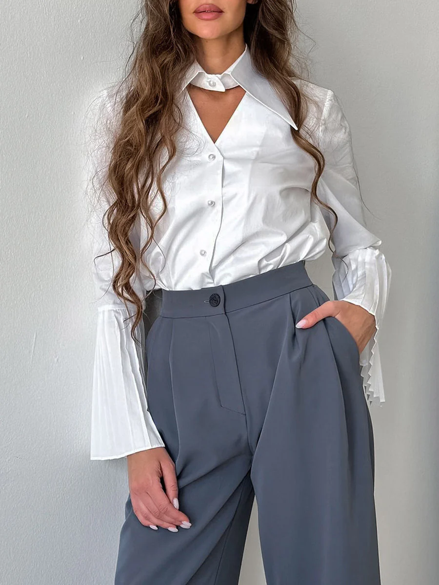 Flared Sleeves Long Sleeves Buttoned Hollow Pleated Solid Color Split-Joint Lapel Blouses&Shirts Tops - Image 5