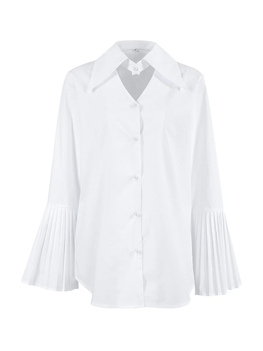 Flared Sleeves Long Sleeves Buttoned Hollow Pleated Solid Color Split-Joint Lapel Blouses&Shirts Tops - Image 8