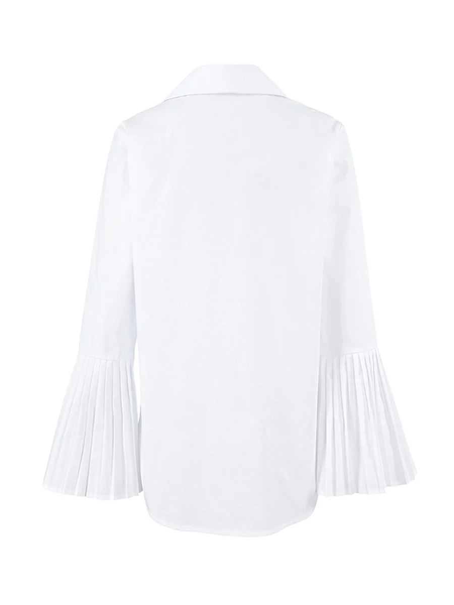 Flared Sleeves Long Sleeves Buttoned Hollow Pleated Solid Color Split-Joint Lapel Blouses&Shirts Tops - Image 9