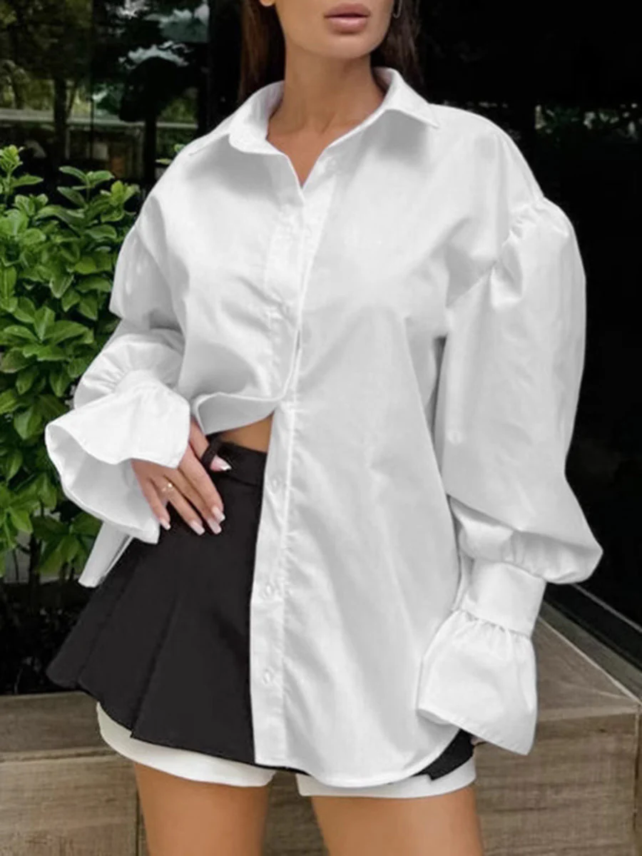 Flared Sleeves Long Sleeves Buttoned Pleated Solid Color Split-Joint Lapel Blouses&Shirts Tops