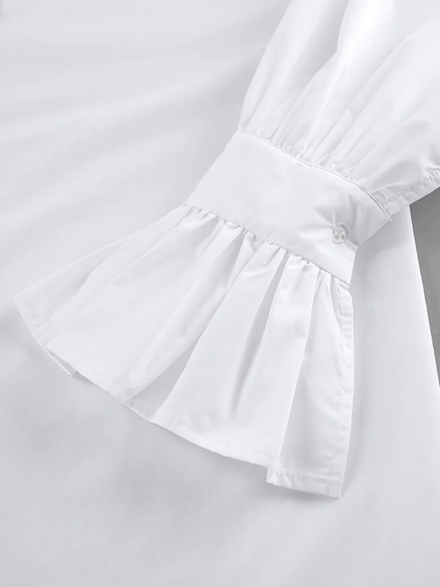Flared Sleeves Long Sleeves Buttoned Pleated Solid Color Split-Joint Lapel Blouses&Shirts Tops - Image 11